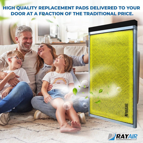 Replacement Filter Pads for MicroPower Guard Air Cleaner 20 by 25 Three Pack with Activated Carbon Center shown by happy family