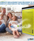 Family sitting on carpet next to 3 Pack Replacement Filter Pads For MicroPower Guard 20x20 Air Cleaner with Fiberglass Media