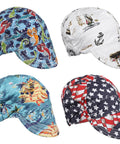 Four Pack Cotton Welding Cap Set With Sweat Absorbing Mesh Liner, colorful designs, elastic fit, lightweight for welders, electricians