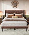 Rock Solid Heavy Duty Queen Platform Bed Frame With Tufted Wingback Headboard, Straight Line Assembly, Thick Wooden Slats, Ditch The Box Spring, Dark Brown, Major Bedroom Upgrade in modern bedroom setting.