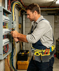 Gardener Tool Belt With Quick Access Pockets in use by electrician, worn around waist with tools stored in multiple compartments.