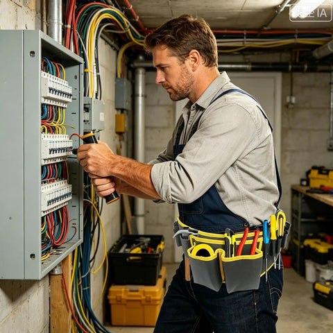 Gardener Tool Belt With Quick Access Pockets in use by electrician, worn around waist with tools stored in multiple compartments.