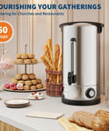 Commercial Grade 60 Cup Coffee Urn And Hot Beverage Dispenser Boasts Hella Solid Double Wall Steel Frame, set among pastries.