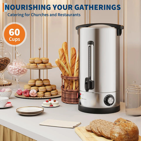 Commercial Grade 60 Cup Coffee Urn And Hot Beverage Dispenser Boasts Hella Solid Double Wall Steel Frame, set among pastries.
