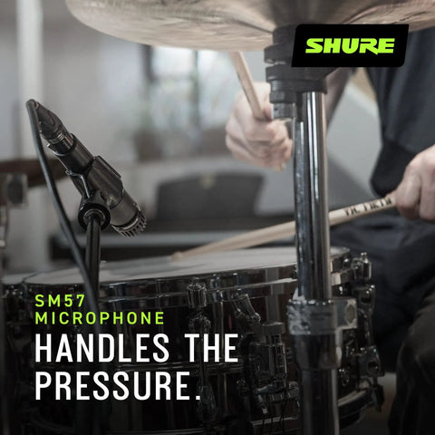 SM57 Dynamic Microphone For Guitar Amps, Snare Drums, Percussion, Brass And Live Sound Or Studio Sessions, Cardioid XLR Handheld Mic in use over snare drum