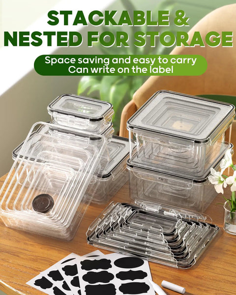 60 Piece Leak Proof Food Storage Set With Lids BPA Free Plastic Containers stacked and nested with labels and pen