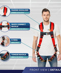 Man wearing 5 Point Fall Protection Harness with Quick Connect Buckle, D-Ring, grommet leg straps, OSHA ANSI compliant for construction