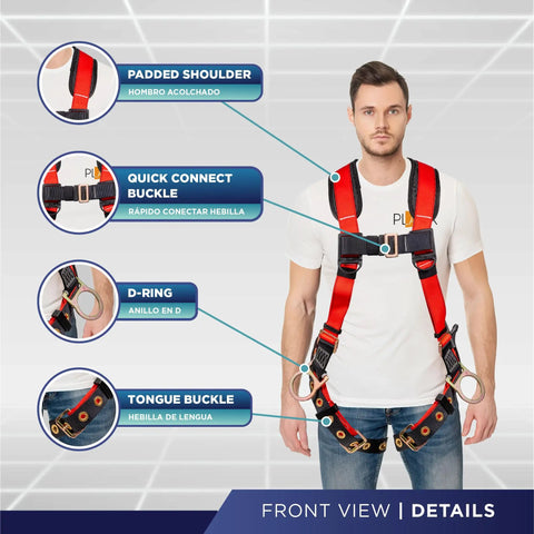 Man wearing 5 Point Fall Protection Harness with Quick Connect Buckle, D-Ring, grommet leg straps, OSHA ANSI compliant for construction