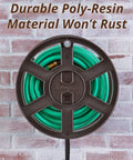 Bronze Wall Mount Hose Reel With Side Winding Design Holds Up To One Hundred Feet Of Five Eighth Inch Hose Easy Install With Key Hole Mount For Winter Storage Includes Six Foot Black Leader Hose And Wood Screws Poly Resin Construction