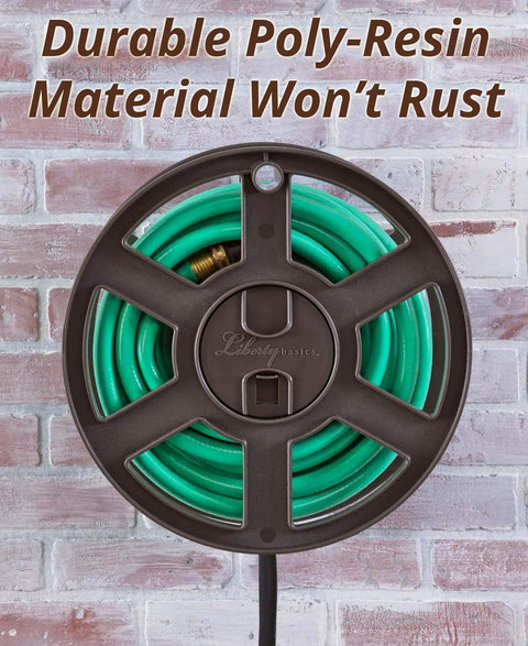 Bronze Wall Mount Hose Reel With Side Winding Design Holds Up To One Hundred Feet Of Five Eighth Inch Hose Easy Install With Key Hole Mount For Winter Storage Includes Six Foot Black Leader Hose And Wood Screws Poly Resin Construction
