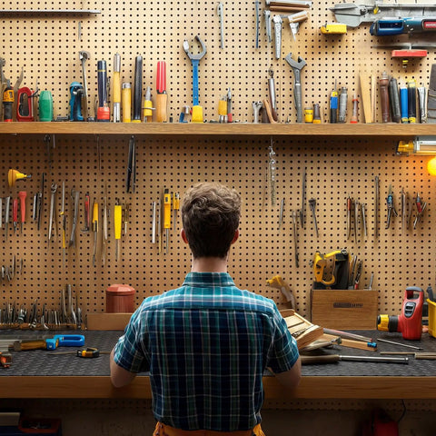 Man standing at workbench with tools, on Extra Long Workbench Mat 24x70.5 Inches Heavy Duty PVC Pad With Non Slip Texture For Woodworking Painting And DIY Projects Scratch Resistant Surface Guards Tables And Benches End To End Coverage