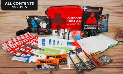 Front view of red waterproof first-aid kit with 152 pcs and assorted medical supplies for boating and camping