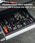 Open drawer with Expandable Large Toolbox Storage Tray Kit With Tray Divider Set For Rolling Tool Chest Drawers holding tools