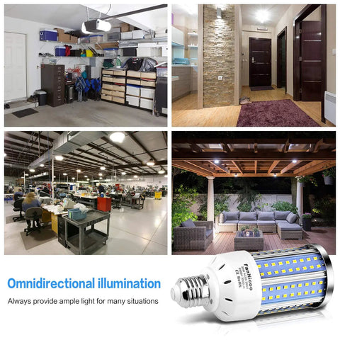 Two Pack 30W LED Corn Light Bulbs 200W Equivalent lighting indoor and outdoor spaces, showcasing a garage, hallway, factory, and backyard.