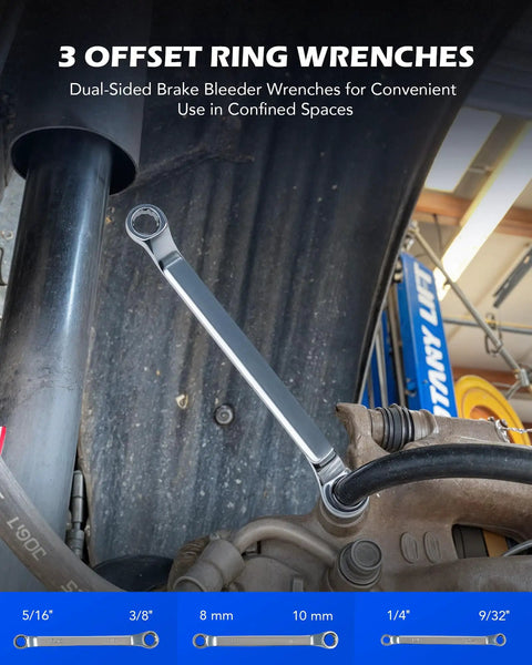 3 Offset Ring Wrenches in use on a vehicle brake system, showcasing dual-sided design for confined space access.
