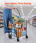 Person pushing Folding Shopping Cart With Dual Baskets And Waterproof Liner Workhorse Cart With Wheels 100 lb load in store