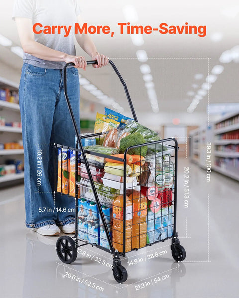 Person pushing Folding Shopping Cart With Dual Baskets And Waterproof Liner Workhorse Cart With Wheels 100 lb load in store