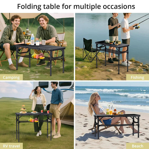 Tri Fold Aluminum Camping Table With Storage Net, Three Adjustable Heights Up To 27.5 Inches, used for various outdoor activities