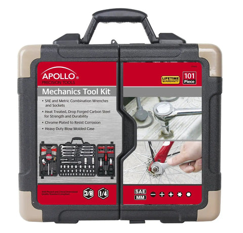 101 Piece Mechanic Tool Set For Roadside Emergencies With SAE And Metric Sockets Wrenches In Red Carrying Case