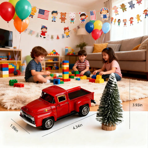 Red Pickup Truck Toy For Kids And Fam doubles as holiday mantel and table decor with free small tree