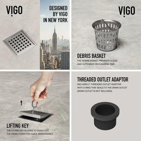 Modern Square Shower Drain With Brushed Nickel Finish showcasing debris basket, lifting key, and threaded outlet adaptor components.