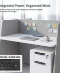 Eight Person Modular Cubicle Workstation Featuring Tall Privacy Panels And Integrated Power Hubs Plus Rolling File Drawers For A Stress Free Big League Office Setup with power hub and notes.