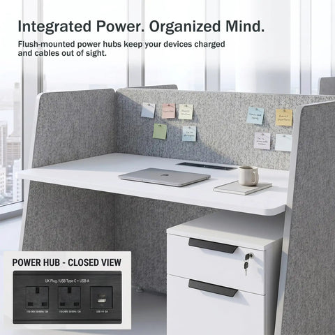 Eight Person Modular Cubicle Workstation Featuring Tall Privacy Panels And Integrated Power Hubs Plus Rolling File Drawers For A Stress Free Big League Office Setup with power hub and notes.