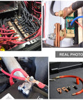 Beefed Up Heavy Duty One Zero AWG Battery Lugs Kit With Three Eighth Inch Ring Terminals Copper Lugs Closed End Connectors Includes Ten Four To One Heat Shrink Tubing Five Black Five Red For Battery Cable Ends viewed installed in automotive and industrial settings.