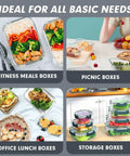 Collage of 30 Piece Glass Meal Prep Containers Set With Stackable Lids, Airtight Glass Food Storage For Microwave Oven Freezer And Dishwasher, Grey Borosilicate Glass Lunch Containers For Easy Meal Prep On The Go, showing uses for fitness meals, picnics, office lunches, and storage.
