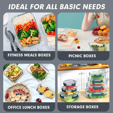 Collage of 30 Piece Glass Meal Prep Containers Set With Stackable Lids, Airtight Glass Food Storage For Microwave Oven Freezer And Dishwasher, Grey Borosilicate Glass Lunch Containers For Easy Meal Prep On The Go, showing uses for fitness meals, picnics, office lunches, and storage.
