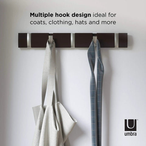 Flip Wall Mounted Coat Rack With Retractable Five Hooks Space Saving Organizer For Hats Coats Bags And More Perfect For Entryway Mudroom Closet Bathroom Or Bedroom Espresso Nickel Finish holding bags and ties