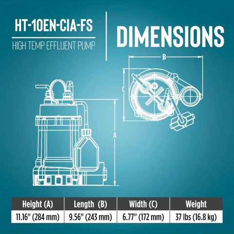 Rock Solid High Temperature Effluent And Boiler Blowdown Pump With Automatic Mechanical Float Switch Made For Tackling Hot Wastewater In Sump Pits And Transformer Vaults Up To 200F With Ease dimensions diagram with height, length, width, and weight details.