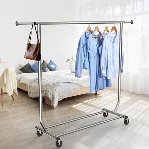 Sturdy Workhorse Commercial Grade Garment Rack With Heavy Duty Steel Construction Extends From 50 To 75 Inches Holds Up To 250 Lbs Chrome Finish Adjustable Hanging Rod For Home Office Or Studio Use image of rack in bedroom with clothes and bag.
