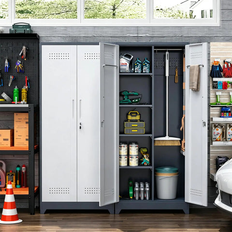72-Inch Tall Metal Garage Storage Cabinet With Lockable Doors And Adjustable Shelves featuring a vertical broom closet
