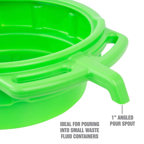 Heavy Duty 4 Gallon Oil Drain Pan With Pour Spout And No Splash Lip showing green polyethylene material and spout
