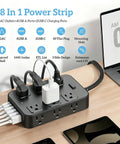 18 In 1 Power Strip With 12 AC Outlets 6 USB Ports Surge Protector 5 Ft Extension Cord 1440 Joules Wide Voltage 120 To 240V ETL Listed For Home Office Kitchen Dorm Wall Desk Charging Station on desk