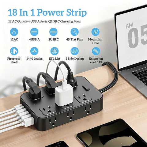 18 In 1 Power Strip With 12 AC Outlets 6 USB Ports Surge Protector 5 Ft Extension Cord 1440 Joules Wide Voltage 120 To 240V ETL Listed For Home Office Kitchen Dorm Wall Desk Charging Station on desk