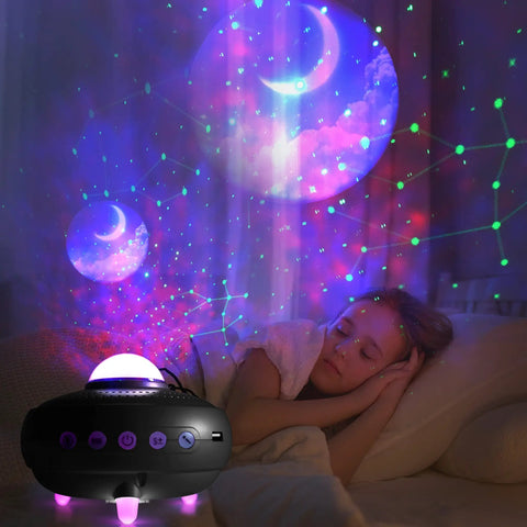 Lit Night Projector With 12 Constellations And 10 Planets Bluetooth Speaker And Timer 10 Color Starry Sky Show projecting night sky.