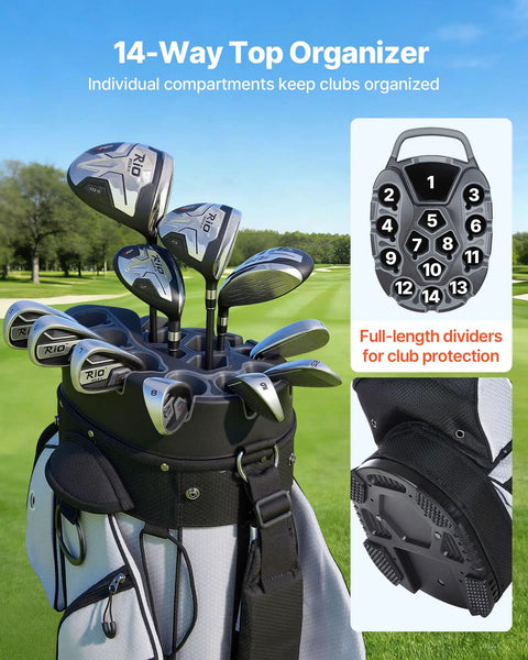 14 Way Full Length Divider Golf Cart Bag with Lock Top Organizer in a golf course setting