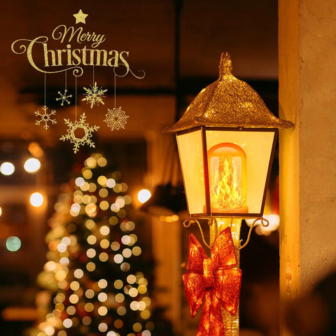 LED Flame Light Bulbs 4 Pack E26 Base Flickering Fire Effect 4 Modes Outdoor Halloween Decor and Christmas Lights Yellow Warm Glow for Patio Indoor Home Decor in a festive lantern with Christmas tree background.