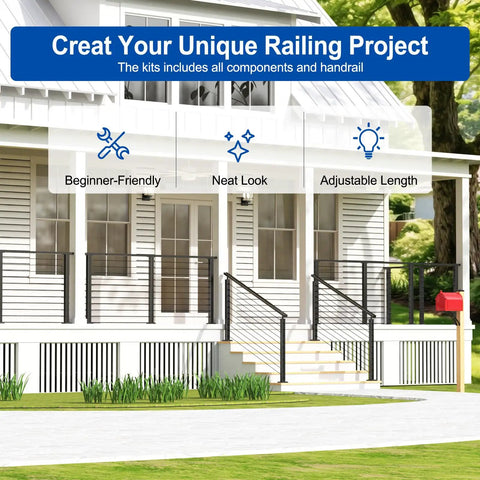 Surface Mount Cable Railing Kit With Black T316 Stainless Steel Rope Flat Top Posts And Swageless Fittings For Straight Up Solid Deck Guardrails No Sweat Heavy Duty DIY Installation, showcasing installation on a modern porch.