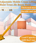 Top Shelf Forklift Jib Boom Crane 6600 Lb Capacity Telescoping Mobile Lifting Hoist With Dual Hooks 0 To 75 Degree Tilting Manual 7 To 12 Ft Reach showcasing a yellow jib boom lifting containers.