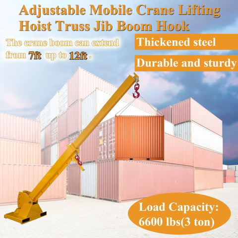 Top Shelf Forklift Jib Boom Crane 6600 Lb Capacity Telescoping Mobile Lifting Hoist With Dual Hooks 0 To 75 Degree Tilting Manual 7 To 12 Ft Reach showcasing a yellow jib boom lifting containers.