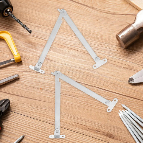 Foldable Stainless Steel Lid Support Hinges 2 Pack Easy To Install for Cabinet Doors and Display Racks on wooden surface with tools