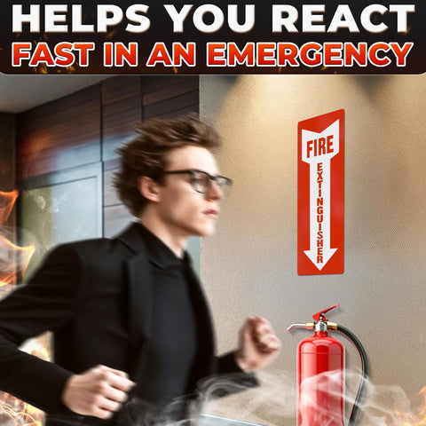 12 Pack High Visibility Fire Extinguisher Signs For Business 4 By 11.8 Inch Waterproof Vinyl Stickers installed indoors.