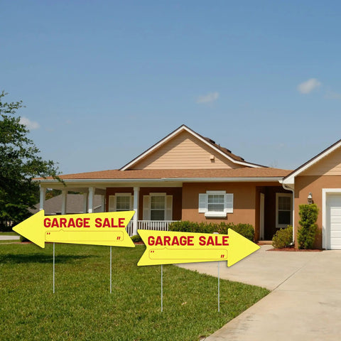 Garage Sale Sign With Stakes Waterproof Reusable Double Sided Arrow Signs 16x5 Inches Plastic Yard Sale Supplies Directional Arrows To Grab Attention And Bring In Shoppers 3 Pack in lawn