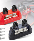 Beefy Dual Five Sixteenth Inch M8 Stud Bus Bar Power Distribution Block For 12-48V DC Systems 150A Max Battery Terminal Junction For Car Boat Marine Red And Black With Screws Included, shown in red and black.