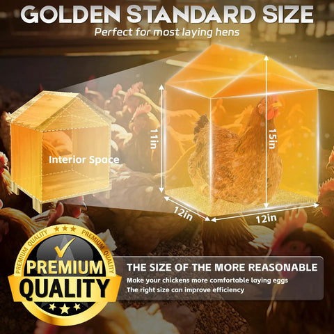 Diagram of Gold Standard 3 Pack Wooden Chicken Nesting Boxes For Laying Eggs with interior size dimensions and quality badge.