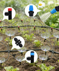 Garden setup with Three Hundred Foot Drip Irrigation Kit For Lawn And Garden with misting system and various connectors.