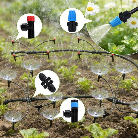 Garden setup with Three Hundred Foot Drip Irrigation Kit For Lawn And Garden with misting system and various connectors.